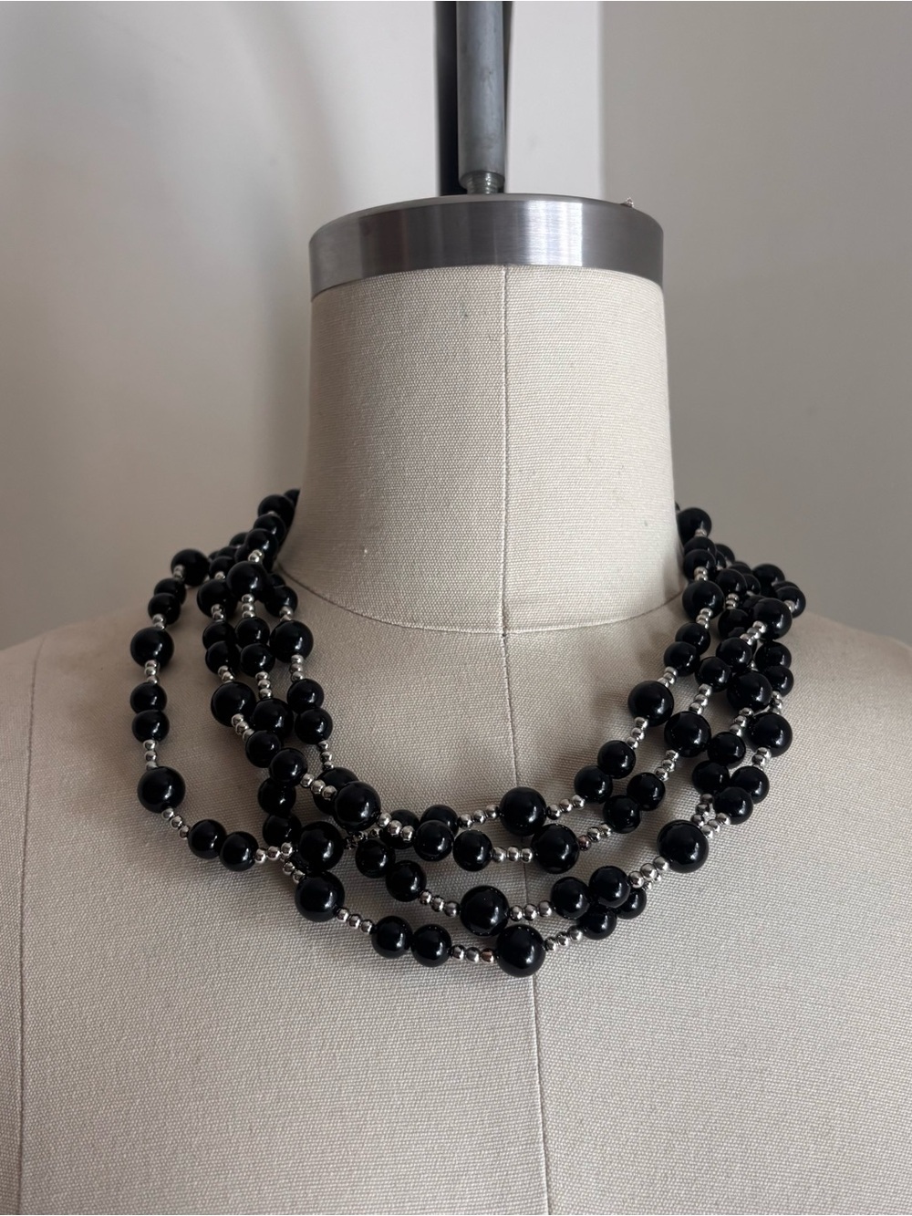 4-Strand Black Beaded Necklace with Silver Accents